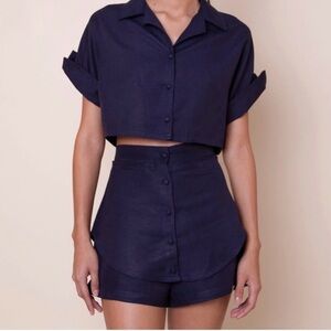 Ostra Brasil Drop Sleeve Navy Linen Short Blouse Shirt Size XS